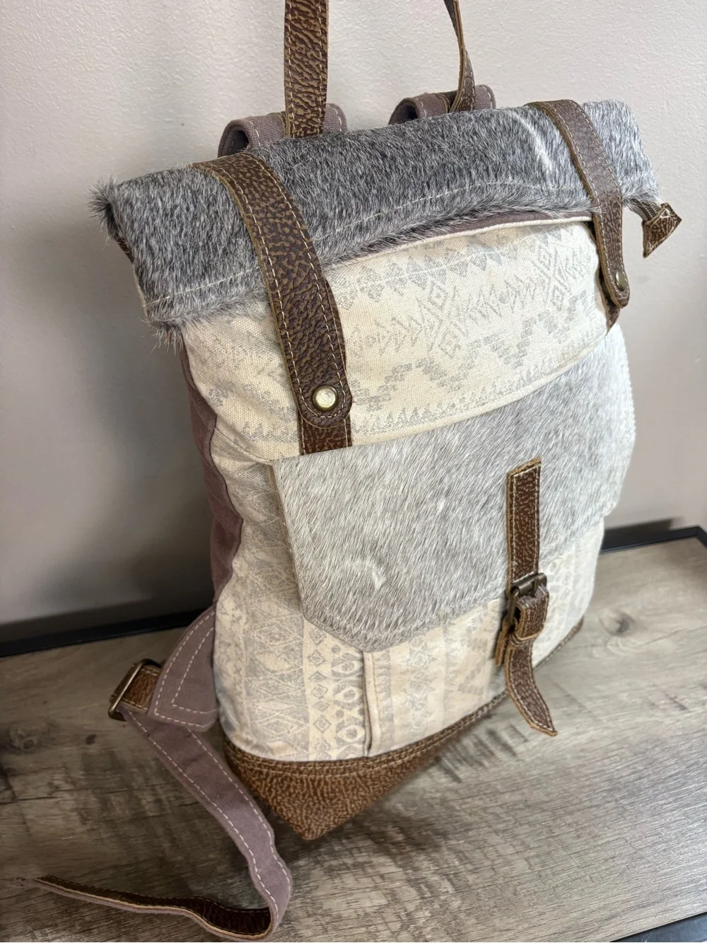 MYRA BAG Ivory Beige Brown WESTERN BOHO Canvas LEATHER Hair on COWHIDE Backpack